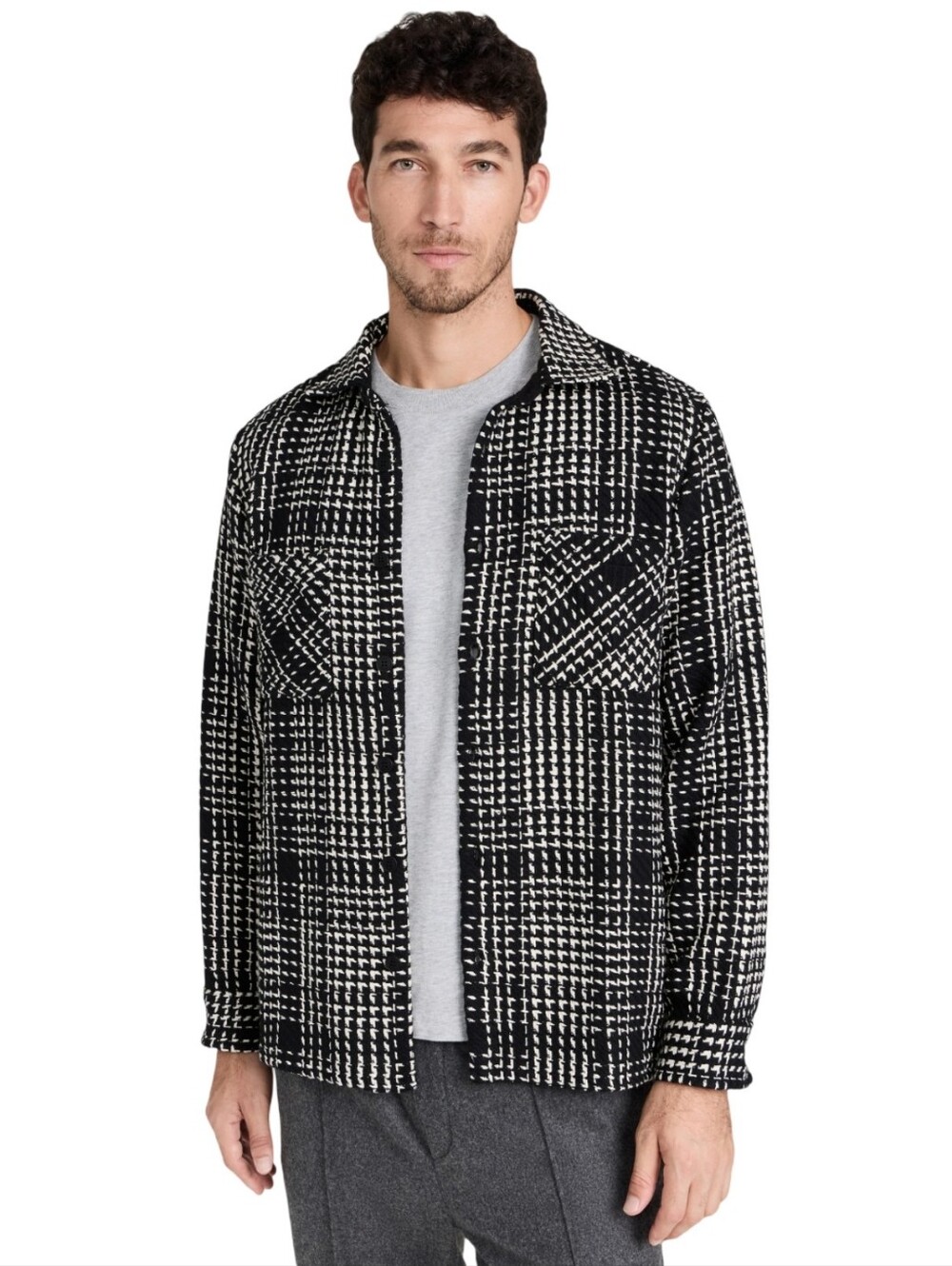 WAX London Whiting Plaid Weave Overshirt Black Ecru Shirt Jacket Men’s Large